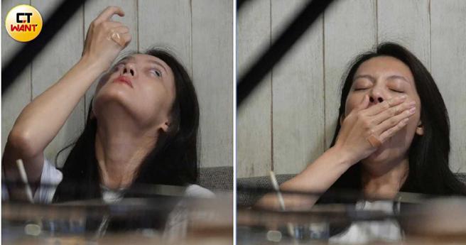 看似睡眠不足的顏晓筠，除了带着疲累黑眼圈约会，中途还拿出人工泪液之类的眼药水来点眼睛。（图／本刊摄影组）