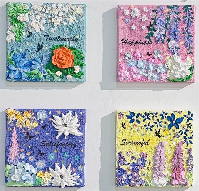 創作者選擇具特定意涵之花及其花語，以半立體浮雕方式表現，期望觀賞者從中找尋共鳴。（青年局提供）