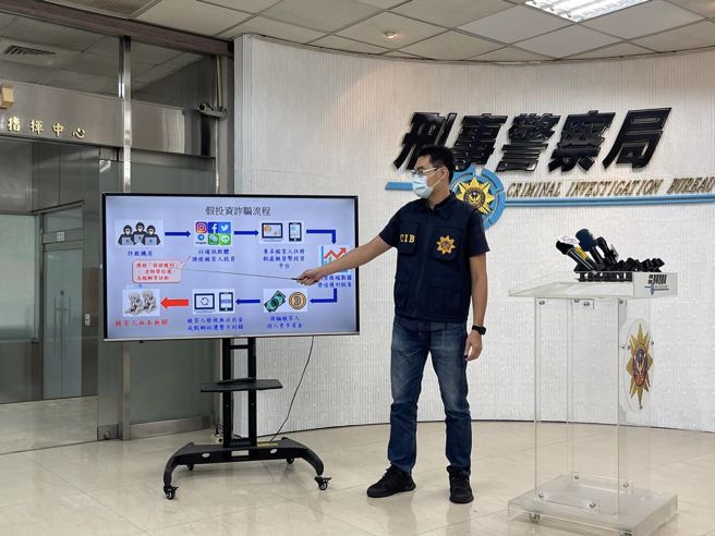 侦一大队侦查员何嘉轩说明假投资诈骗集团手法。（照片 / 刑事局提供）