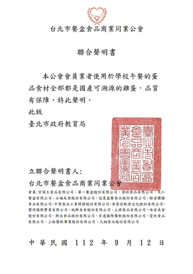 台北市餐盒食品商業同業公會與18家團膳業者共同發布聲明，營養午餐使用的蛋品都是國產可溯源的雞蛋。（翻攝自北市餐盒公會聲明）