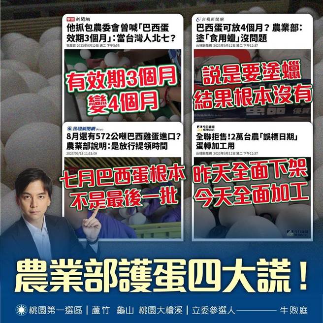 桃园市议员牛煦庭13日怒斥农业部「超级骗骗骗」护蛋四大谎。(牛煦庭提供／蔡依珍桃园传真)