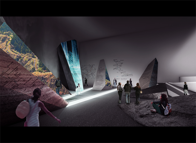主展区「自然〇」空间模拟图，结合大型立体艺术装置、文物採集与互动体验，展现新北自然地理多样性。（文化局提供）