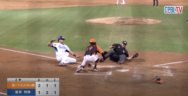 富邦悍將13日與統一獅之戰在2局下發生主審被絆倒翻滾了一圈後判決畫面。（擷取自CPBL TV）