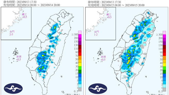 14日（左）南部近山区平地及其他山区午后有局部短暂雷阵雨；15日（右）起水气逐渐增加。（合成图／翻摄自中央气象局）