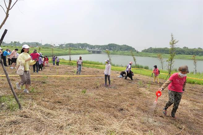雲林縣減碳生活行動年，民眾在北港滯洪池周邊植樹綠美化。（張朝欣攝）