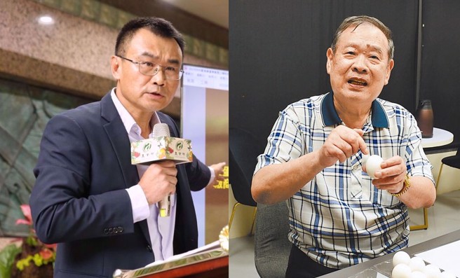 台农蛋品董座涂万财(右)13日爆料，道歉影片、挺超思都是被农业部要求，农业部长陈吉仲(左)也被嘲讽是「吉导」。(合成图/杜宜谙摄、林和生摄)