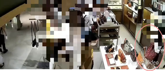台北市京站时尚广场地下1楼的2家精品专卖店，于15日晚间遭1名长髮女子进入店内偷走包包。（翻摄画面）