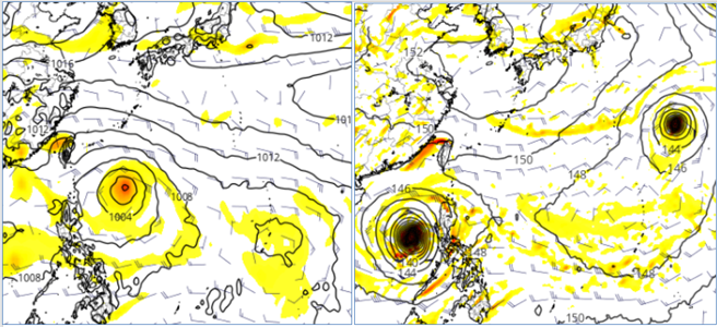 最新(16日20时)欧洲(ECMWF左图)及美国(GFS右图)模式，26日20时模拟图显示，西北太平洋有热带扰动活动，但模拟的强度、位置差异不小，需持续观察。(图撷自tropical tidbits)

