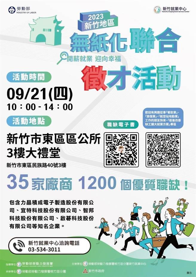 中高龄朋友要找工作、换工作需求者请看这边，竹市连2场徵才活动有1210个职缺。（新竹市政府提供／陈育贤新竹传真）