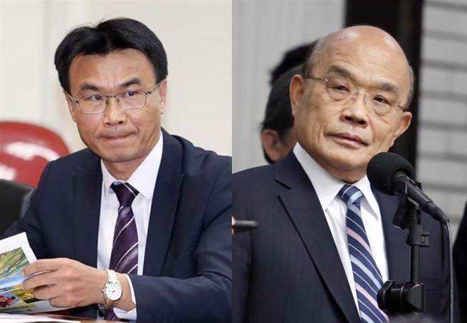巴西进口蛋争议延烧多日，17日傍晚传出农业部长陈吉仲（左）请辞获准，但行政院答覆「不回应」，而非立即否认，前行政院长苏贞昌（右）17日晚受访时称，陈未辞职，有人「急着放话、操作，这非常恶劣」，并透露陈「现在已经被弄得身心俱疲」。（中时资料照合成）