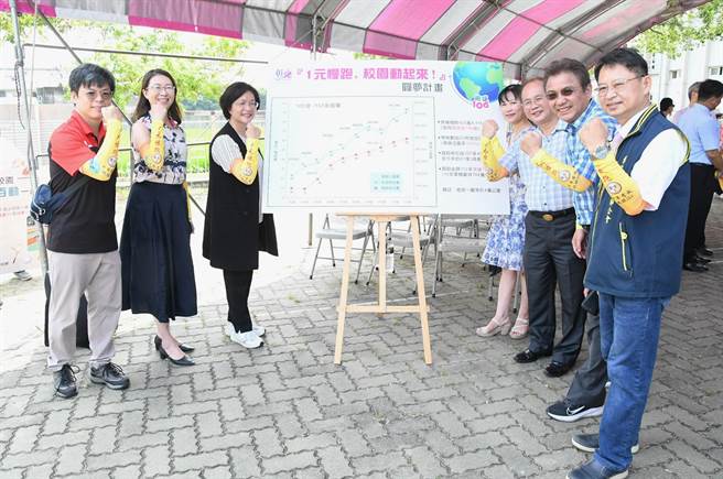 王惠美（左3）說，感謝長期贊助的熱心單位，讓孩子們每跑1圈操場就贊助1元，歷年募得704萬5000多元基金，用在改善運動設施或前進社區作愛心，期待未來全縣212所國中小都加入，跑出健康、遠離肥胖。（彰化縣政府提供／吳建輝彰化傳真）