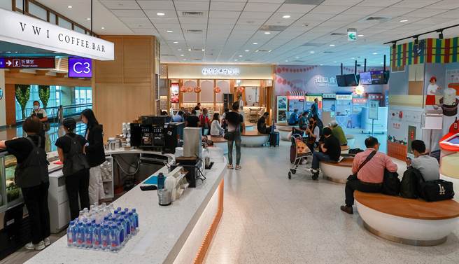 升恒昌免税商店于桃机第二航厦C区打造的「街口食趣」，于《2023机场餐饮论坛》击败欧美等眾多机场，夺下竞争最激烈的「最佳在地文化代表的机场餐饮」奖项，图为桃机C3候机室旁「街口食趣」一隅。（陈麒全摄）