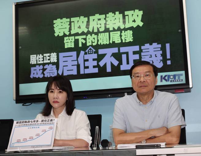 蔡政府「居住正义」全跳票，蓝委：房地合一税收千亿全用在长照。国民党立法院党团书记长谢衣鳯（左）、总召曾铭宗（右）等19日召开「蔡政府执政烂尾楼～居住正义成为居住不正义！」记者会。（刘宗龙摄）