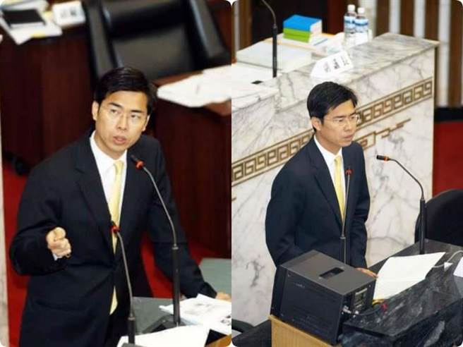 陈其迈23年前时任代理市长在旧议会备询的嫩照，也在记者会上意外曝光。（高市府提供）