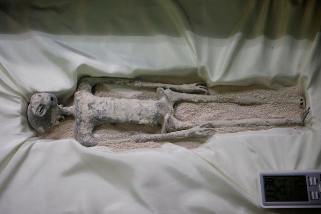 墨西哥国会上展示的「千年外星人」。（图／路透社）