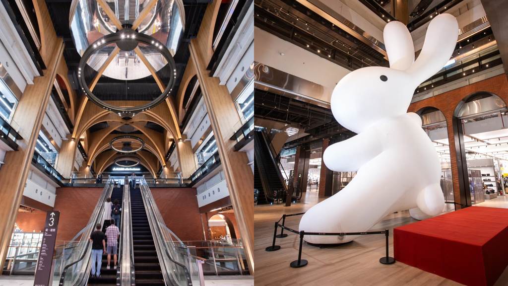 新店新百貨「YES!LIFE裕隆城」今日起試營運，內部模樣隨之曝光，包括10米高巨型兔子「太極尼尼」也首度露面。（吳松翰攝）