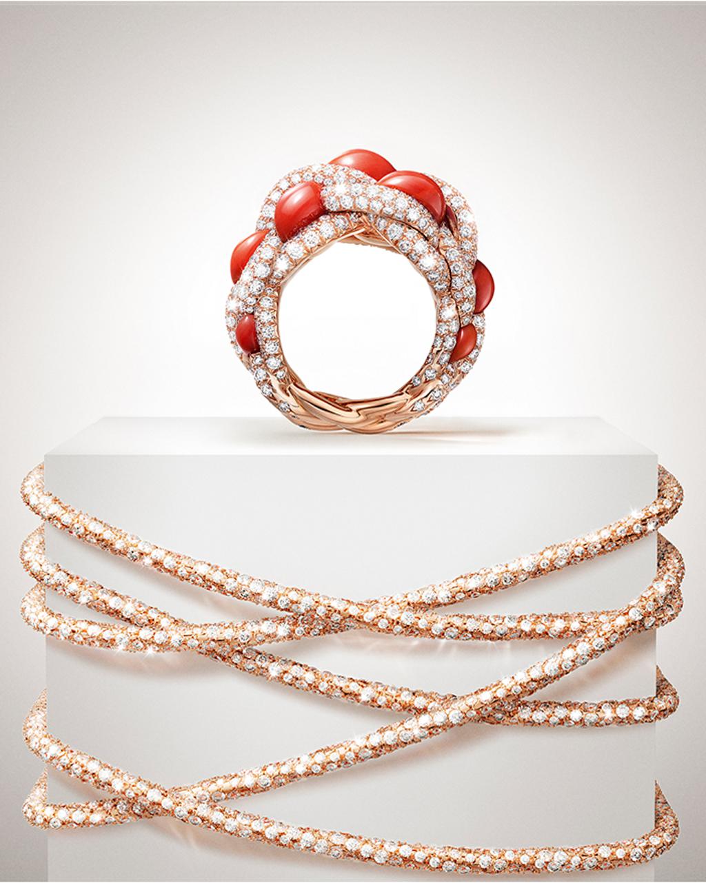 卡地亞Libre Tressage珊瑚K金鑲石戒指，256萬元。（Cartier提供）