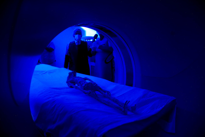 墨西哥记者展示的2具「千年外星人」遗骸被质疑造假，他送交机构进行X光、电脑断层扫描，他们称结果显示为「单一」骨骼，遗骸没有经过组装。（图／路透社）