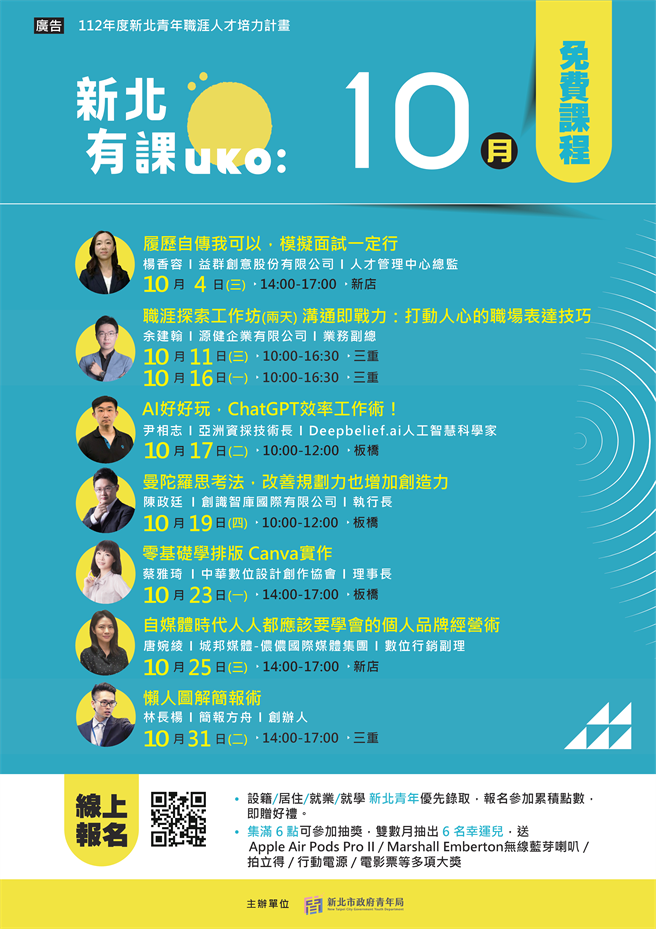 新北市青年局規畫「新北有課UKO」，10月份提供「個人品牌經營術」、「Canva 實作」等自媒體經營有關的課程。圖／新北市青年局提供