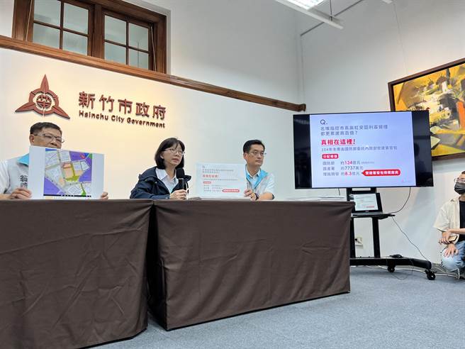 新竹市政府秘书长张治祥（中）20日严正驳斥名嘴对竹市都更案的指控，并澄清所有都更案与重划案都是合规合法审议，并强调市长高虹安从没下指导棋。（王惠慧摄）