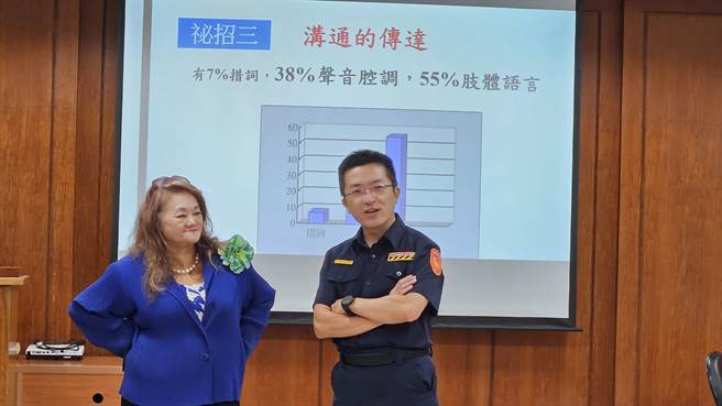 苗栗县警局邀请纽约国际顾问公司陈文敏总经理教导新闻处理。（苗栗县警局提供／谢明俊苗栗传真）
