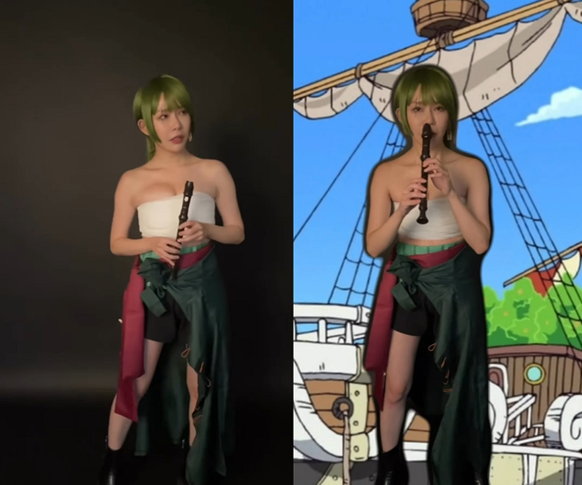 阿乐Cosplay索隆只用一条布裹胸有够辣，但却搞笑表演鼻子吹奏直笛，让网友全看傻。（图／摘自阿乐Instagram）