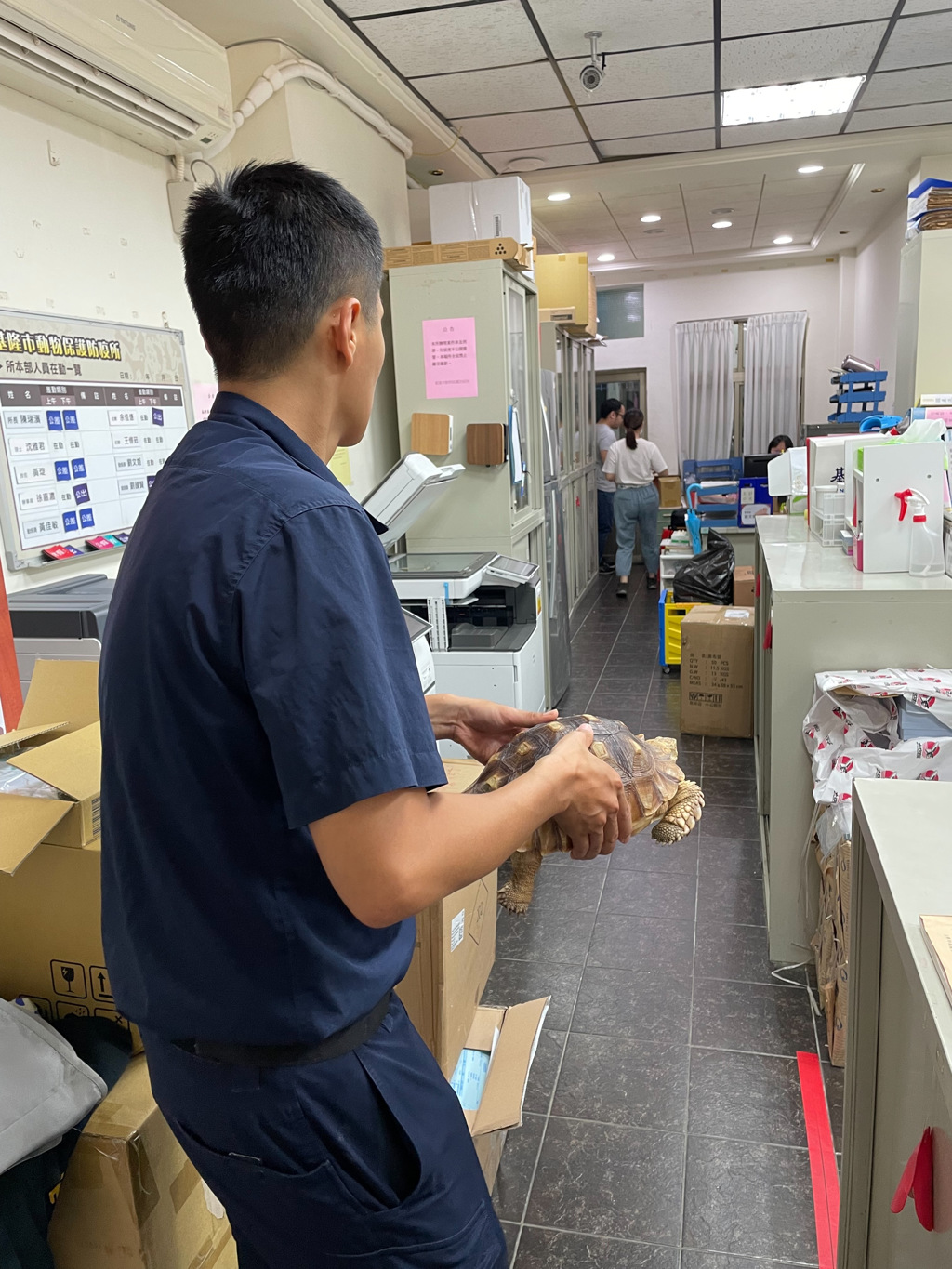 （20）日上午，基隆1名男子抱着一只乌龟走进二分局信义派出所，请求警方帮忙寻找失主。（图／警方提供）