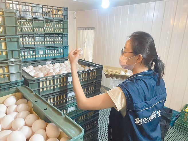彰化县卫生局启动专案进口鸡蛋冷链仓储查核，18日派员前往畜产会租赁的冷藏仓库稽查，确认待销毁鸡蛋8208箱已集中放置，图为卫生局人员稽查情形。（彰化县卫生局提供）