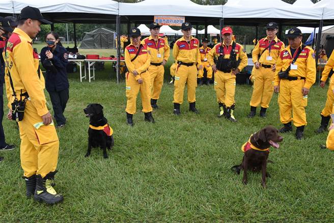 921国家防灾日，苗栗场搜救演练，高雄市特搜队出动搜救犬支援。（谢明俊摄）