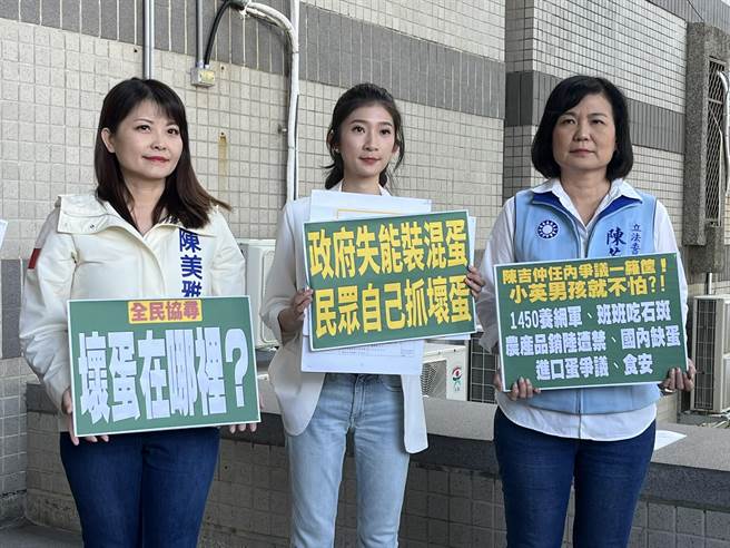 台湾进口蛋混充国产蛋流向不明，危及营养午餐安全，国民党立委参选人陈美雅、李明璇、陈若翠等人21日下午到高雄地检署按铃控告前部长陈吉仲、前中央畜产会董事长林聪贤罔顾食安、蓄意掩护进口蛋商超思公司，已涉及图利、诈欺等罪嫌，同时呼吁高市府启动营养午餐稽查。（袁庭尧摄）