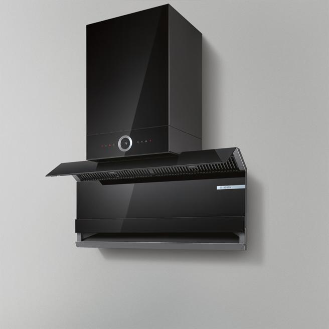 BOSCH「8系列红外线智慧双吸排油烟机」的「拢烟鸥翼设计」关机时会自动收起隐匿至机身。（BOSCH提供／古明弘台北传真）