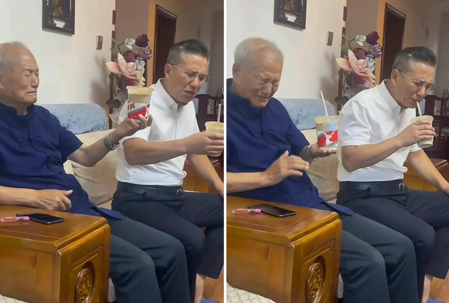 大陆网友拍摄家人首次试喝酱香拿铁时脸上的痛苦表情。（图／微博）