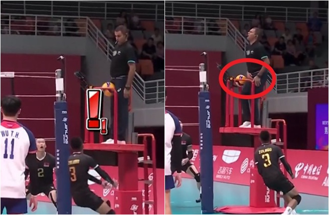 杭州亚运中华男排击退蒙古队 裁判惨被球打中「要害」成意外插曲。（撷取自中天电视，影片来源：AP／SNTV）