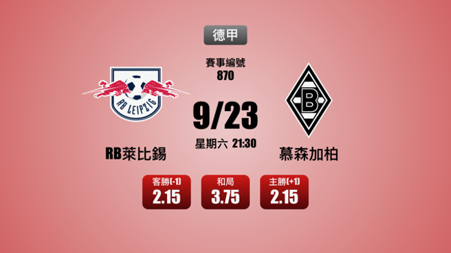 推荐︰<足球> 870 RB莱比锡 @ 慕森加柏　大小[客队] RB莱比锡 大 2.5