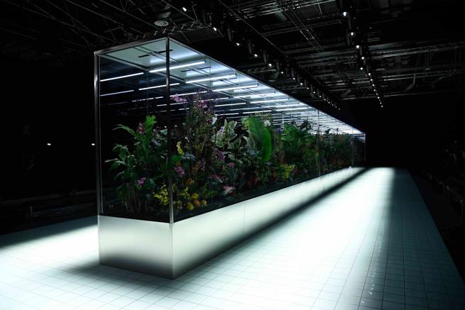 SPORT MAX在秀场打造一个人造花园，玻璃反射的模特身影与本体前行，宛若秀场出现克隆人。（SPORT MAX提供/林欣仪米兰传真）