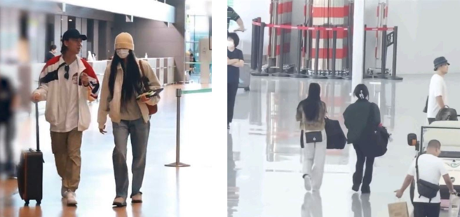 Lisa(左二)、Jisoo(右二)海外行程僅一名助理陪同。（圖／擷取自微博）