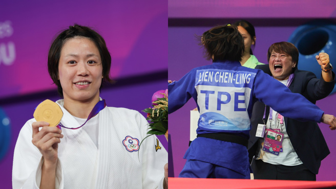 连珍羚（右图背对者）25日在杭州亚运女子57公斤级项目闯进金牌战，击败日本名将玉置桃，拿下金牌，赛后她衝下台与教练拥抱。(图／中央社)