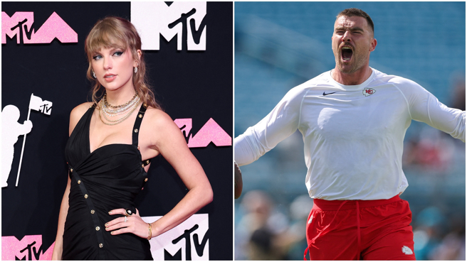 泰勒絲（左）傳出熱戀知名美式足球球星凱爾西 。（圖／路透）
