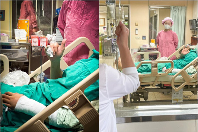 明扬爆炸2受伤勇消病况曝光！隔窗「比讚握拳」展现坚强意志。(翻摄周春米脸书)