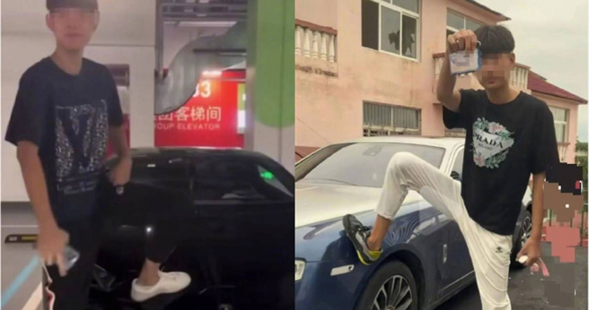 山东青岛一名15岁少年一脚踩在价值千万超跑上，还嚣张吐痰拍影片上传至网路炫耀。（图／翻摄微博）