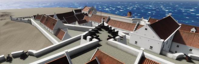 「瞭望台上」点位座落于上层主堡上空，可从高处俯瞰热兰遮堡全貌，向下方的影像视觉。（台南市文化局提供／曹婷婷台南传真）