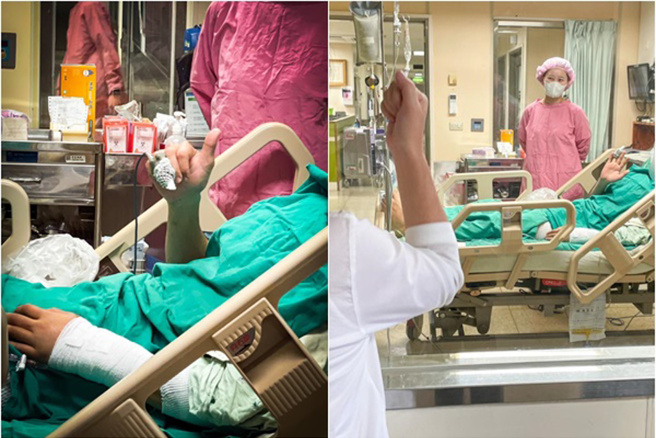 明扬爆炸勇消隔窗「比讚握拳」，展现坚强意志。(翻摄周春米脸书)