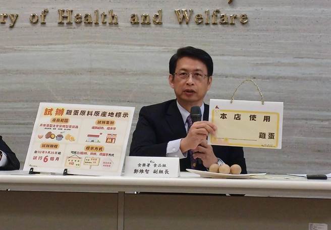 食药署食品组副组长郑维智说明，针对具有蛋型的实质转型蛋制品，例如白煮蛋、茶叶蛋、滷蛋、溏心蛋等散装蛋品，採立牌、挂牌或标籤方式，主动标示鸡蛋原料原产地。（王家瑜摄）