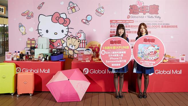 Global Mall周年庆推旅游大FUN送，消费满额抽日本三丽鸥和谐乐园5天4夜双人游，另门市也有三丽鸥大明星快闪店、拍照打卡点等。（Global Mall提供／朱世凯台北传真）