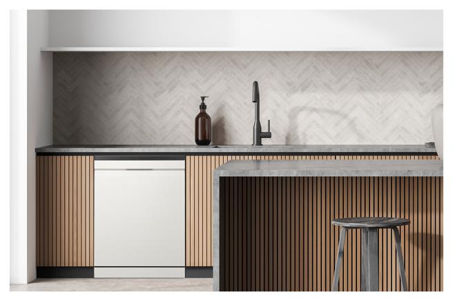 LG QuadWash Steam 四方洗蒸气洗碗机推出Objet Collection 雪雾白新色(DFB335HE)，时尚外观让家电宛如家具般存在于厨房。（LG提供／古明弘台北传真）