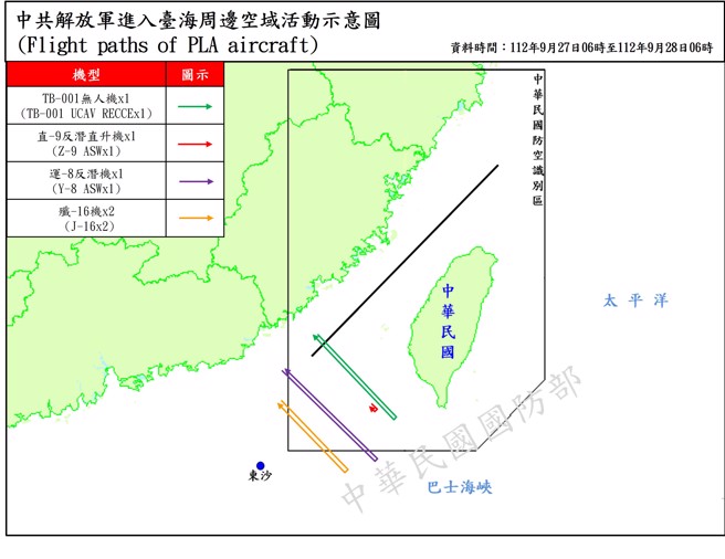侦获共机13架次(其中逾越海峡中线及其延伸线进入西南空域5架次)、共舰5艘次，持续在臺海周边活动。(国防部提供)