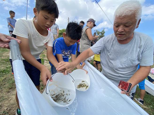 在金门农工养殖科主任董伦如(右)的带领，学生们将捞出的鱼苗顺着「鱼梯」依序放流入湖中。(于家麒摄)
