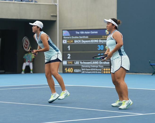 李亚轩（左）、梁恩硕晋级杭州亚运网球女双金牌战。（中华奥会提供）