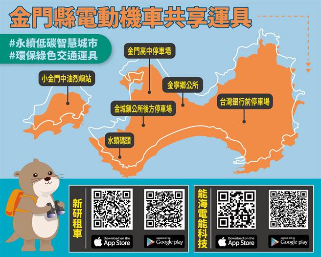 金门首推「电动共享运具专用停车位」，6处服务据点共42车即日启用。（图／金门县观光处提供）