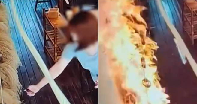 女子突然「手賤」拿起打火機靠近店內的裝飾物，未料火勢失控。（圖／微博）